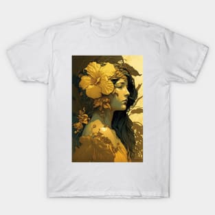 Hawaiian Woman With Yellow Hibiscus T-Shirt